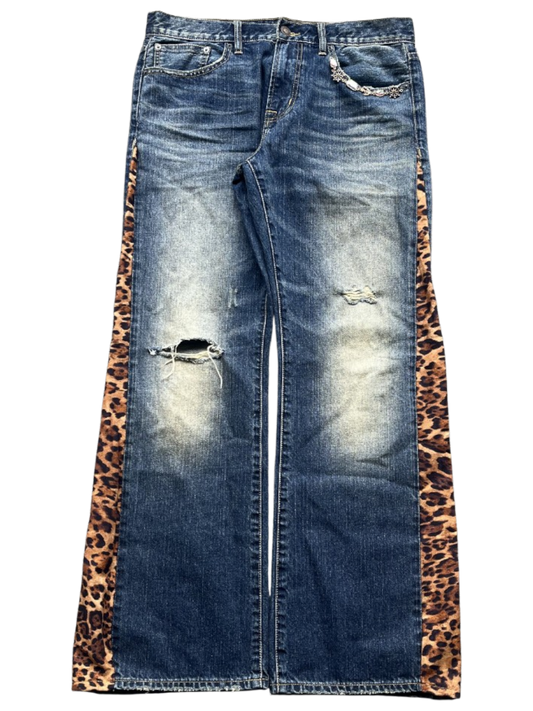 Leopard Distressed Flared Denim