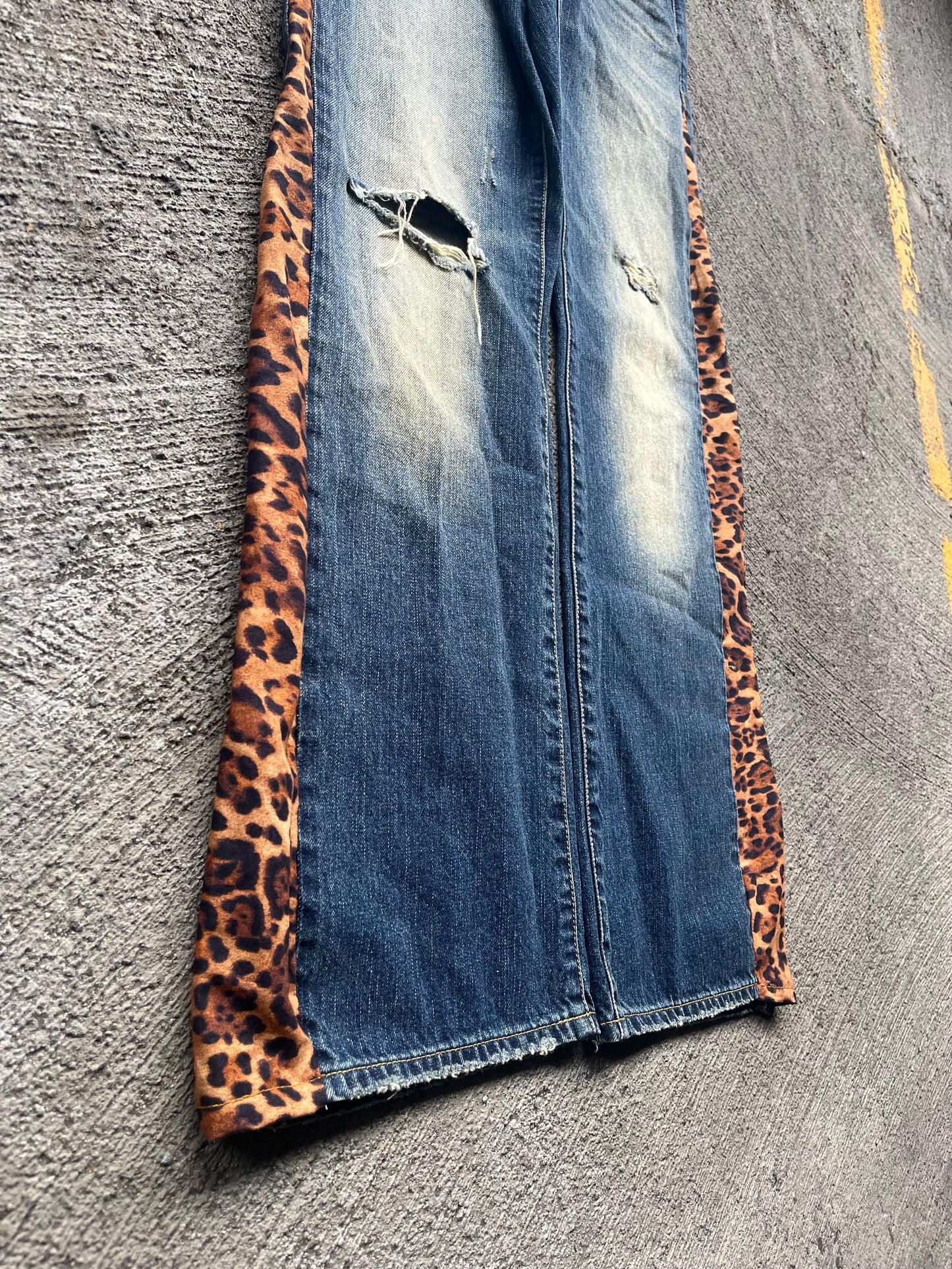 Leopard Distressed Flared Denim